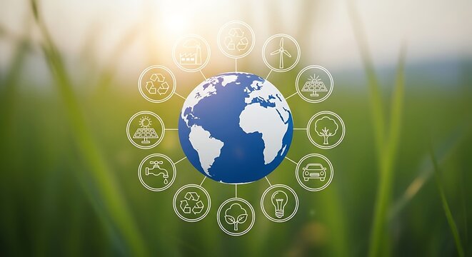 Global Sustainability Concept with Earth Surrounded by Eco Friendly Energy and Green Technology
