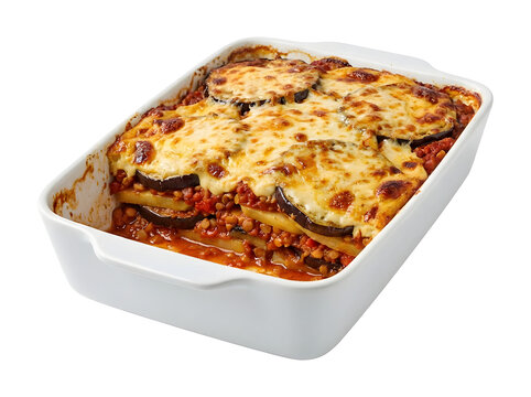 Vegetarische Moussaka mit Auberginen und Bechamelsauce auf wei&szlig;em Hintergrund