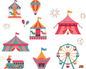 Fototapeta premium Colorful carnival fair vector illustration with circus tents, ferris wheel, carousel, balloons, fireworks, amusement rides, and festive family entertainment scene