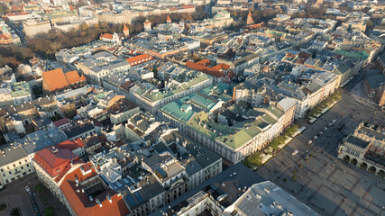 Fototapeta premium Overhead Aerial View of Dense Residential City Blocks in Krakow During Autumn With Historic Rooftops