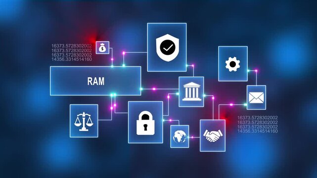 Digital technology icons with RAM memory and security symbols in futuristic blue neon cyber network background