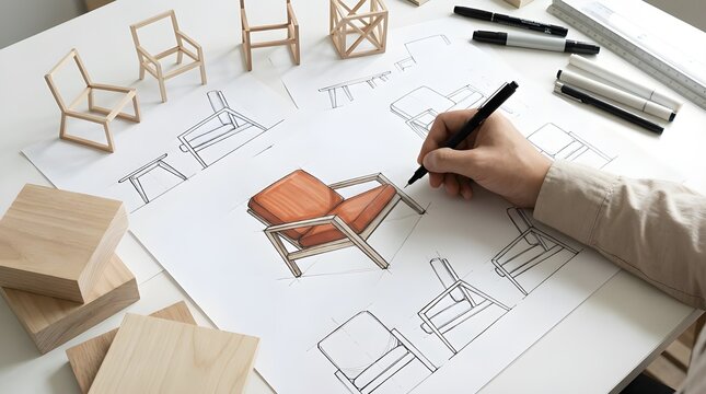 Furniture Design Process with Chair Sketches and Prototypes
