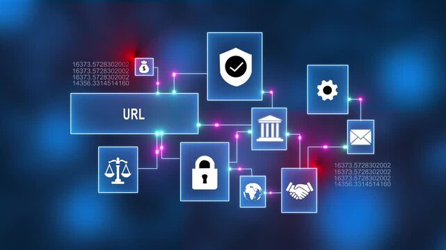Digital cybersecurity network with URL and padlock icons on futuristic blue gradient background for technology and internet safety concepts