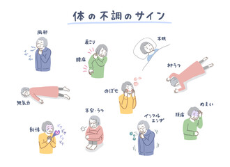 シニア女性の体の不調サインのイラストセット