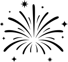 Fototapeta premium Minimalist black fireworks line art illustration with clean curved strokes and small star elements. Simple and modern outline design in solid black color, isolated on white background.