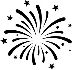 Fototapeta premium Minimalist black fireworks line art illustration with clean curved strokes and small star elements. Simple and modern outline design in solid black color, isolated on white background.