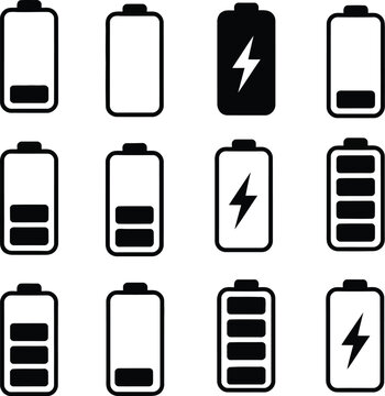 Battery charge level indicator icon set, different power levels with lightning bolt energy symbol, modern UI battery status vector illustration.