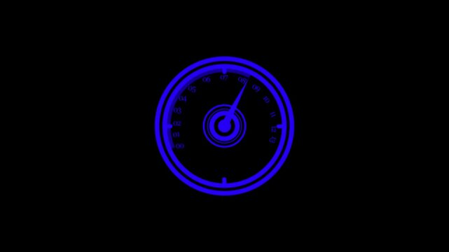 Blue circular gauge or clock face with numbers and a central dial on a black background meter measurement