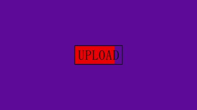 Rectangular button with UPLOAD text divided into red and purple sections on a purple background
