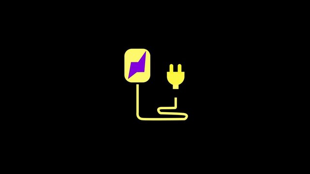 Yellow electric plug and charging station icon with purple lightning bolt on black background electricity