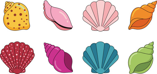 Vibrant Collection of Tropical Sea Shells and Conches in Pink, Yellow, Teal, and Orange for Summer Beach Decor and Nautical Themed Graphic Designs