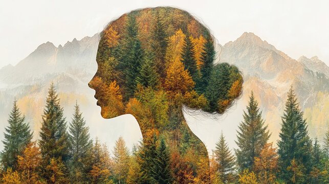 Surreal double exposure of a woman's profile filled with a dense, autumnal evergreen forest. A poetic visual metaphor for peace, mental clarity, and deep connection with nature.