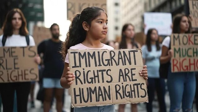 Young girl holding sign at human rights protest in urban setting  