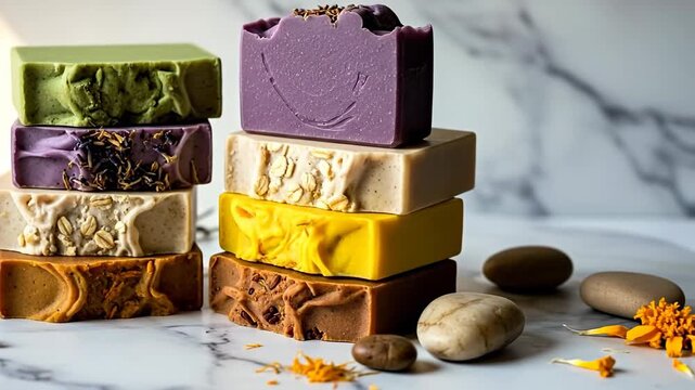 A vibrant stack of handcrafted soaps on a marble surface.