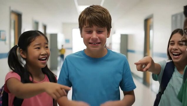 Young boy looking upset while being teased by classmates in school hallway  