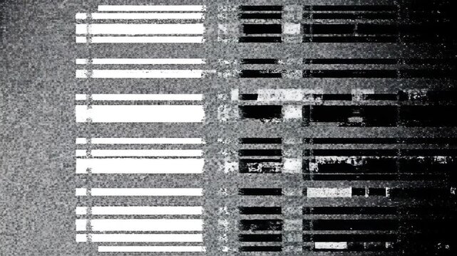 A black and white abstract pattern with glitch effects and lines.