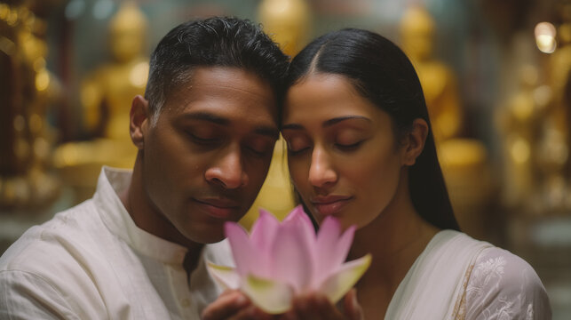 Couple in love holding a pink lotus flower during Sri Lanka's festive Navam Perahera event with Buddha statues
