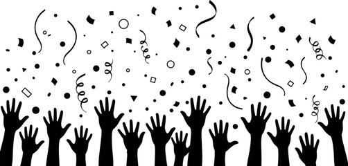 Fototapeta premium Silhouette raised hands celebrating with confetti, symbolizing joy, victory, success, freedom, festival excitement, crowd energy, party atmosphere, and modern festive celebration on white background