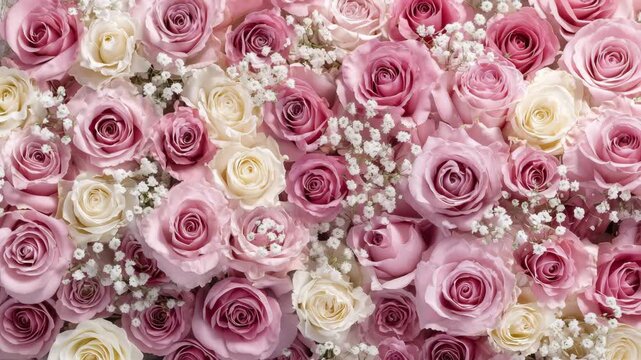 俯瞰で見た花｜ゆっくり回転する動画背景｜バラ・カスミソウ