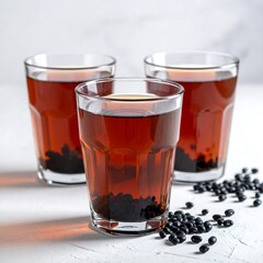 Three glasses of dark liquid with black seeds on a textured white surface in a bright, neutral lighting setup