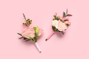 Beautiful boutonnieres on pink background, closeup © Pixel-Shot
