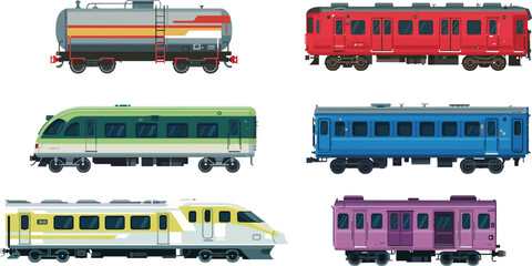 Colorful modern train collection vector illustration showing different passenger and cargo railway cars in flat style transportation design concept © Akadosh