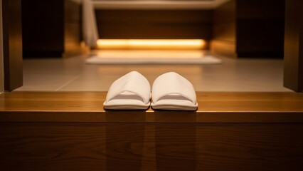 Pair of White Slippers on a Wooden Surface in a Hotel Room.