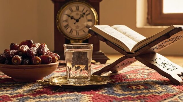 Traditional setup for breaking the fast during Ramadan featuring a bowl of fresh dates a glass of water and the holy Quran resting on a wooden rehal stand near an antique clock