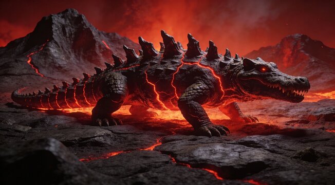 Abstract big cat croc hybrid spines rising like mountain ranges, undulating spine composition, volca