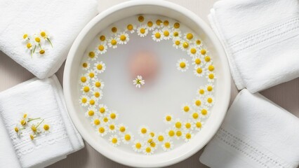 Soothing Spa Experience with Chamomile Flowers in Water and Clean White Towels.