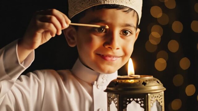 Young boy wearing traditional white thobe and kufi cap happily lighting an ornate brass lantern with a wooden matchstick during a festive evening celebration