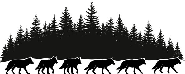 Silhouette wolves walking together in snowy forest landscape symbolizing wilderness, instinct and unity, wildlife pack behavior concept, minimalist black and white nature illustration © Akadosh