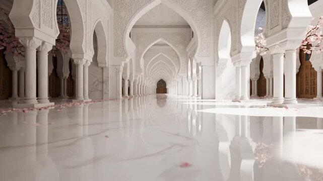 Ornate white marble hallway featuring repeating architectural arches and delicate pink cherry blossom petals scattered across the highly reflective floor surface