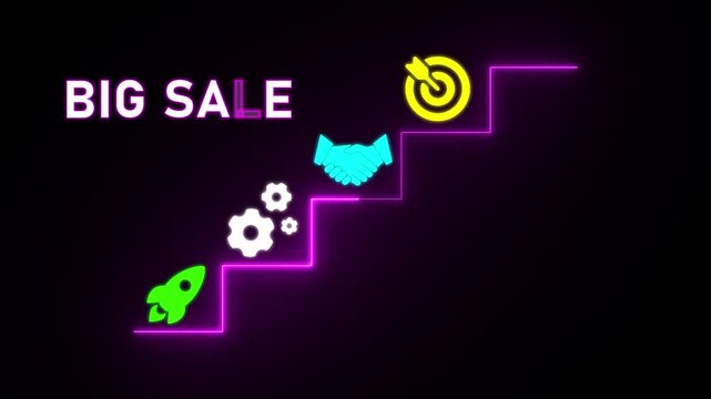 Neon stairs with rocket gears handshake and target icons and the phrase BIGSALE image photo