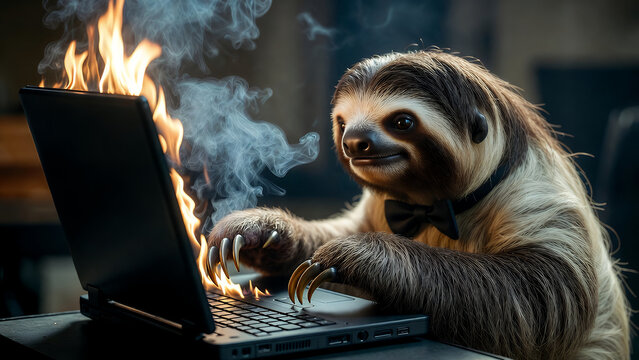 A well-dressed sloth in a bow tie intensely types on a burning laptop, with smoke rising from the keyboard, indicating a humorous and chaotic work situation.