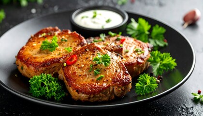 Three grilled pork chops sit on a black plate, garnished with parsley and sliced chili peppers