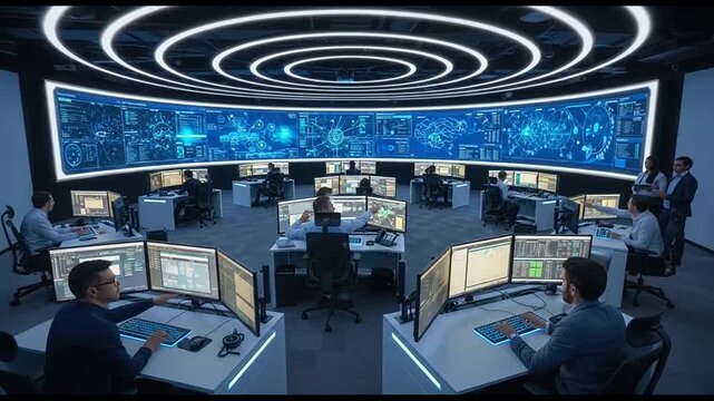 IT professionals monitoring data in a modern high-tech control room