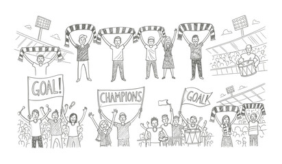 Obraz premium Hand drawn sketch of diverse sports fans cheering with scarves and banners at a stadium crowd celebrating