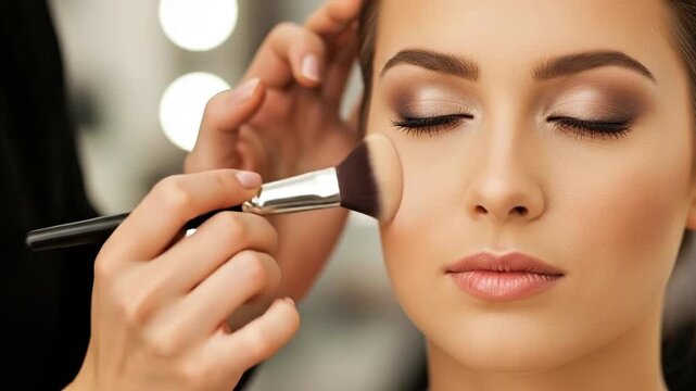 A close-up of a woman receiving makeup application with a serene look.
