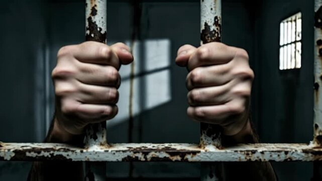 A pair of hands gripping rusty prison bars in a dimly lit setting.