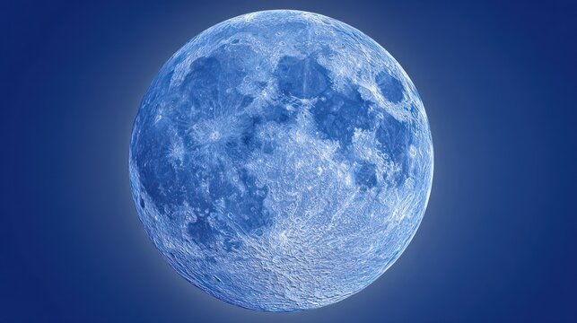 Stunning vibrant blue full moon with visible craters against a dark night sky. Mystical lunar surface in ethereal blue hue.