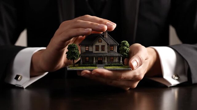 Hands protect miniature house.