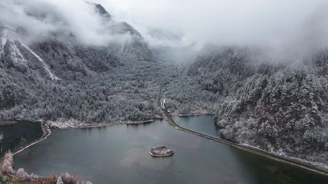 Aerial View of Misty Lake and Frosted Forest in Bipenggou, Western Sichuan