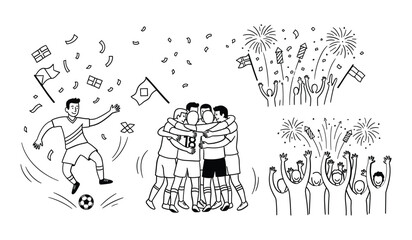 Soccer team celebrating victory with hugs and confetti while fans cheer with fireworks and flags football