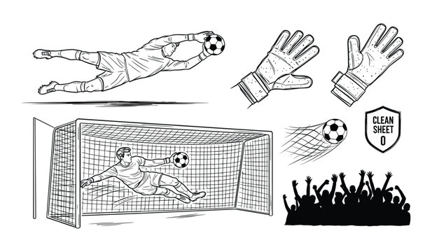 Soccer goalkeeper diving to catch ball near goal net with cheering crowd and clean sheet shield football