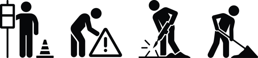 Set of road construction worker silhouettes including man with shovel, jackhammer operator, safety warning signs, and traffic cones for industrial site vector graphic icons