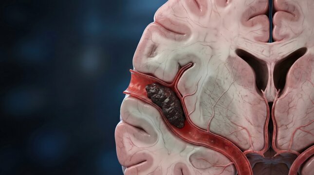 Detailed 3D illustration of a human brain cross-section showing a cerebral hemorrhage or stroke with a blood clot in a vessel.