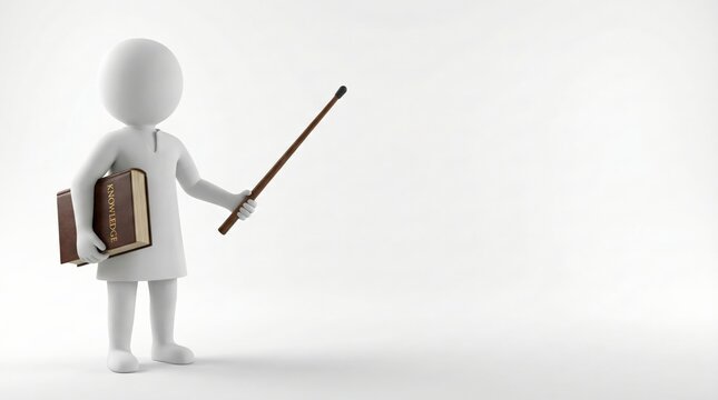 A 3D white stick figure character, representing a teacher or presenter, holding a book and a pointer stick on a clean white background, symbolizing education and instruction.