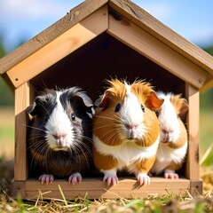 Three guinea pigs peek from a small, wooden house on grass, bathed in sunlight against a blurred, natural backdrop