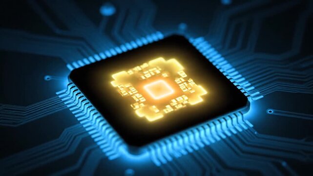 A close-up view of a microchip illuminating sequentially. Starting blue, the internal structure powers up, quickly cycling through green, orange, and finally settling on an intense, glowing red, indi